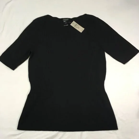 NWT Ann Taylor Black Short Sleeve Sweater w/Ribbed Boat Neck & Waist Detail Sz M - Picture 1 of 9